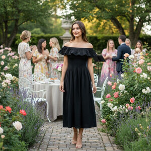 Hill House Akilah Nap Midi Dress XS Black Cottage Regencycore Smocked Ruffle